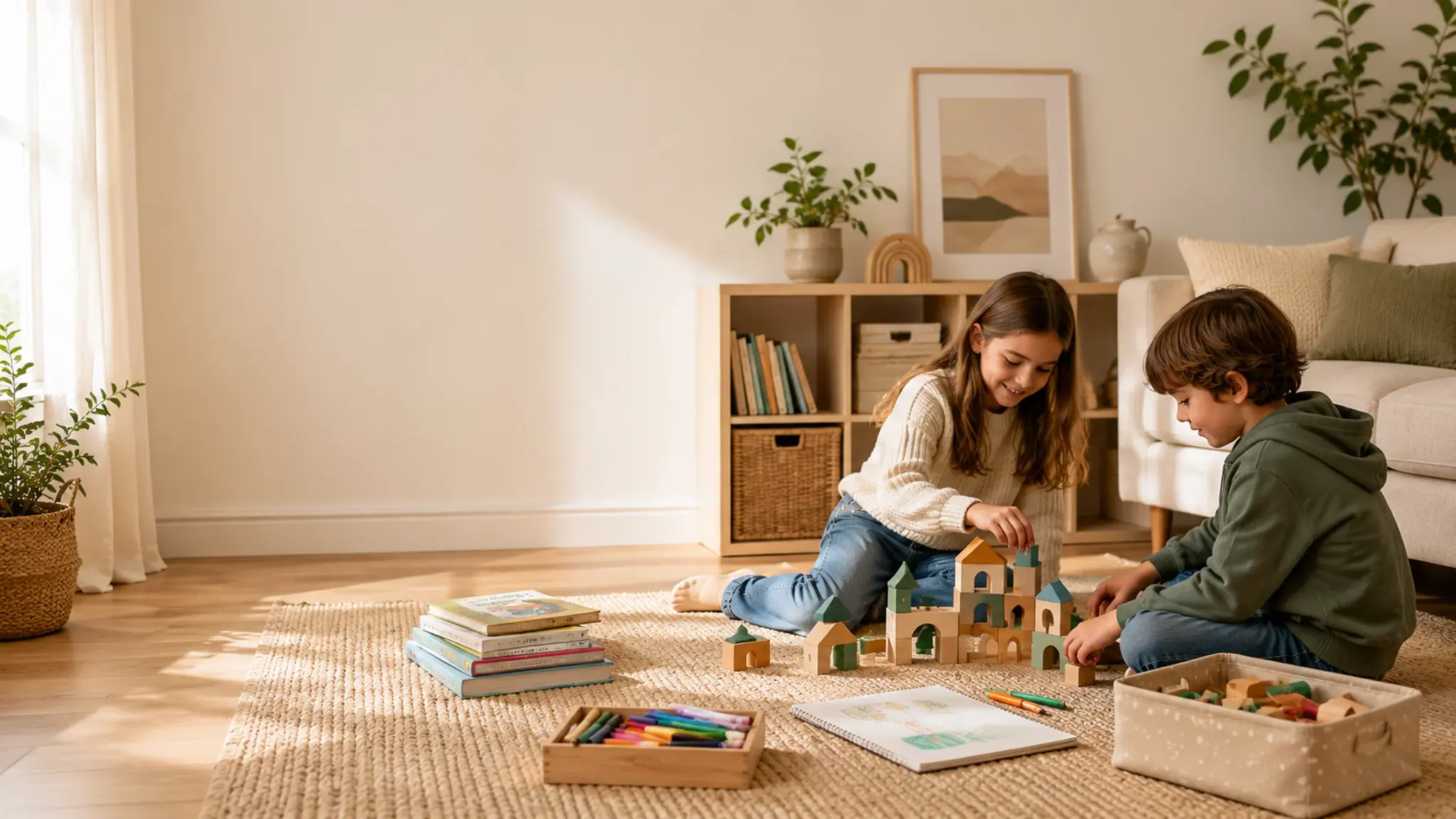 Two children playing with wooden building blocks and colouring books on a living room floor