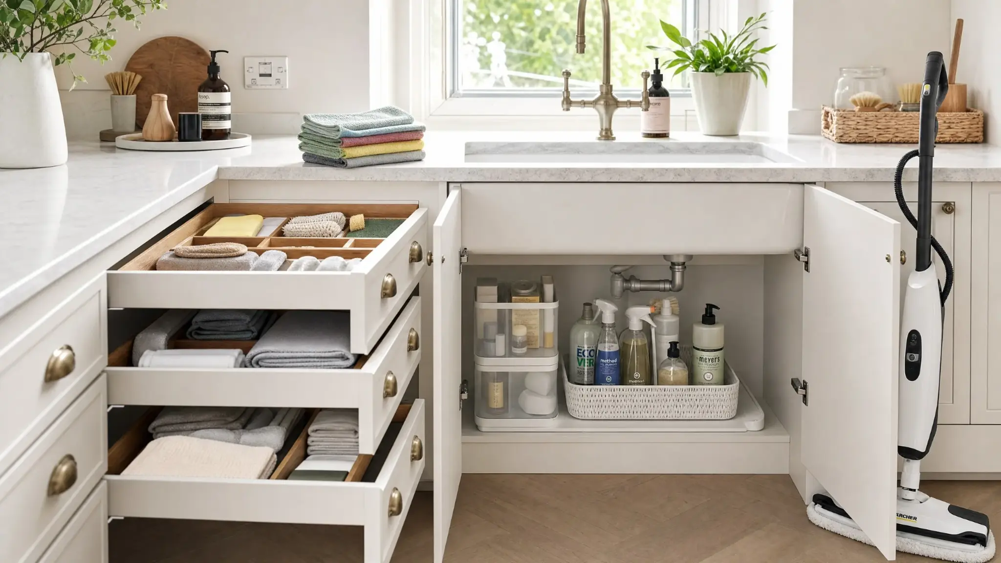 Clean, organised kitchen with quality cleaning products