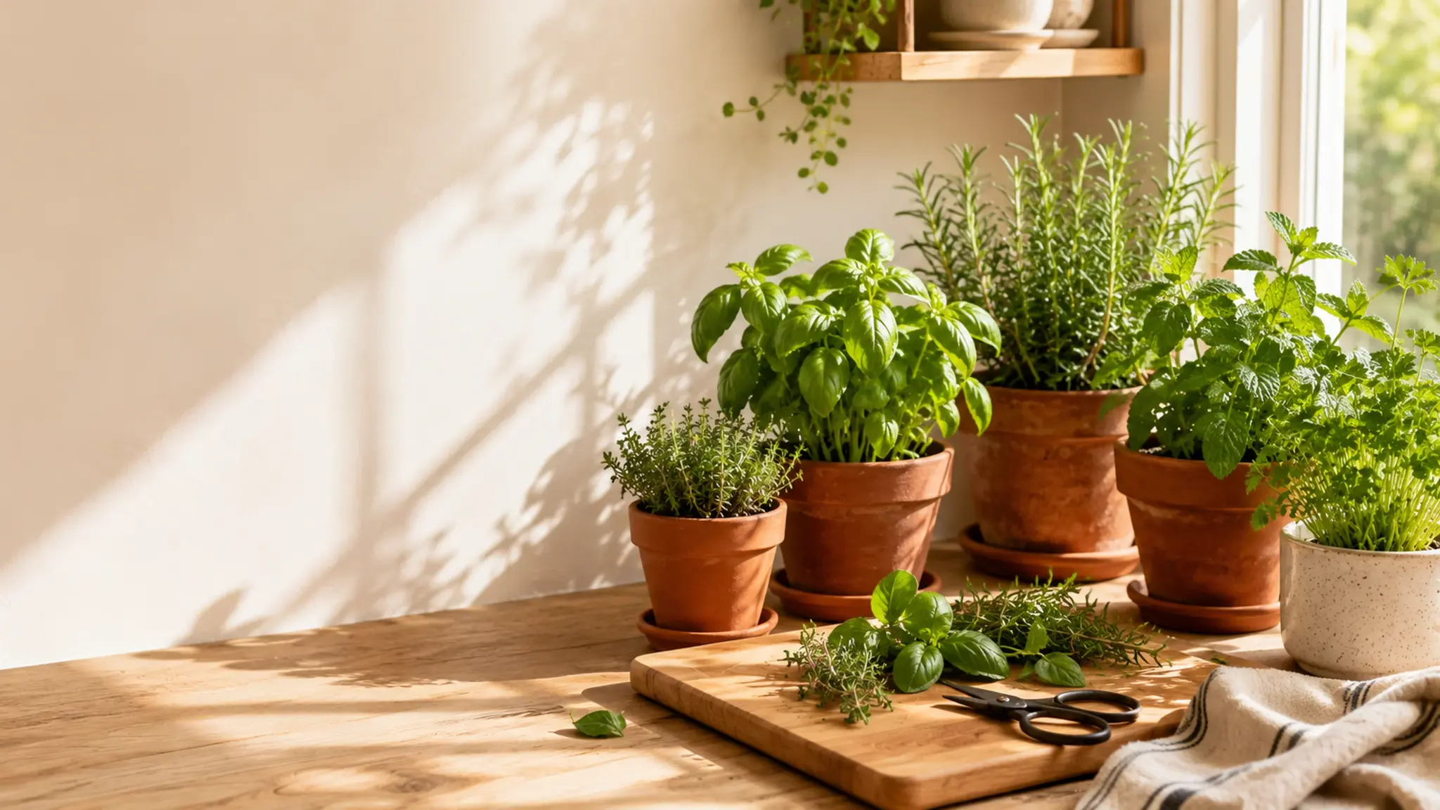 Fresh herb pots including basil, rosemary and thyme on a sunny kitchen windowsill