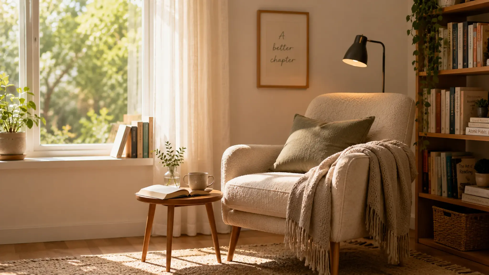 Cosy reading nook with armchair, blanket, open book and warm lamp beside a bookshelf