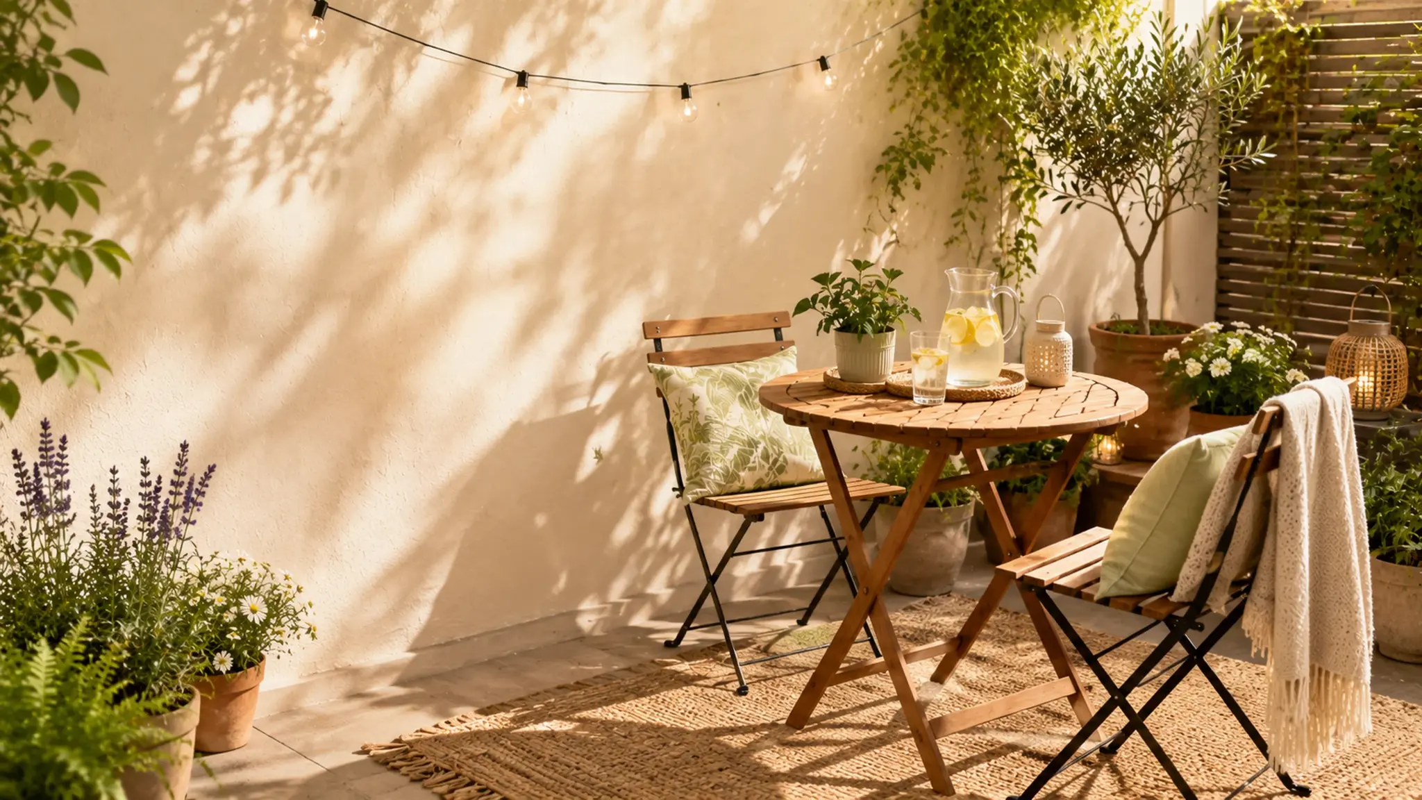Sunny outdoor patio with bistro table, folding chairs, potted plants and string lights