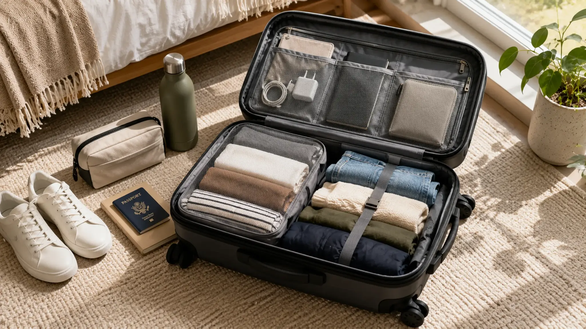 Neatly packed open suitcase with packing cubes, passport, water bottle and trainers on a bedroom floor
